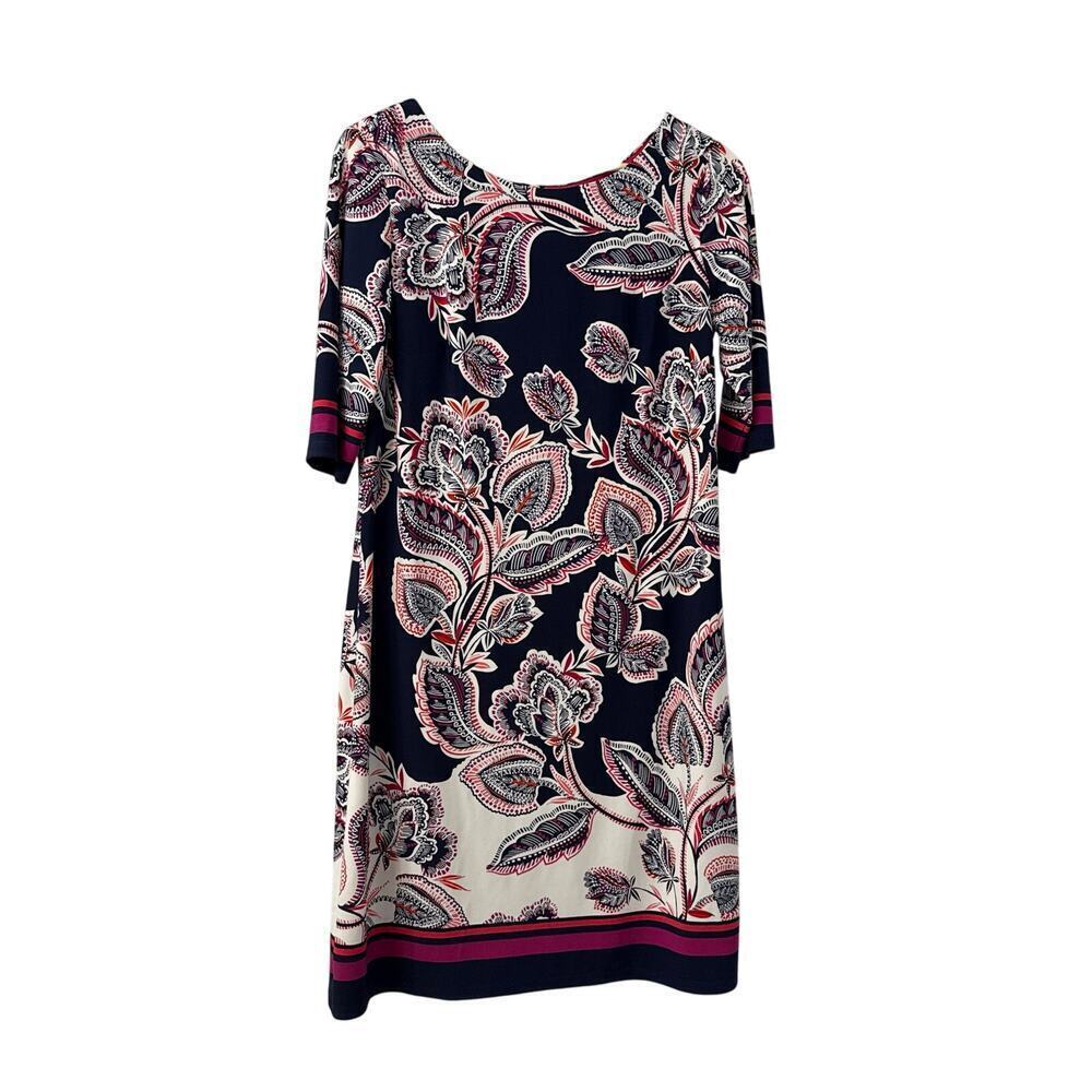 Eliza J Shift Dress Size 8 Floral Short Navy Blue Pink White 3/4 Sleeves